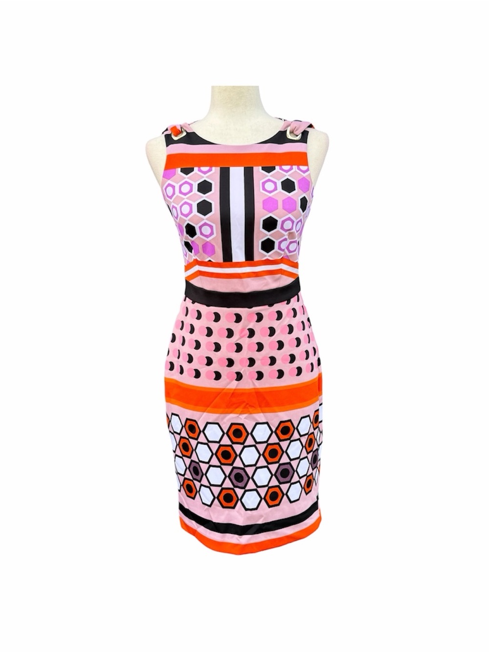 Muse Pink and Orange Geometric Sheath Dress Scuba Back Cutout exposed zipper 2